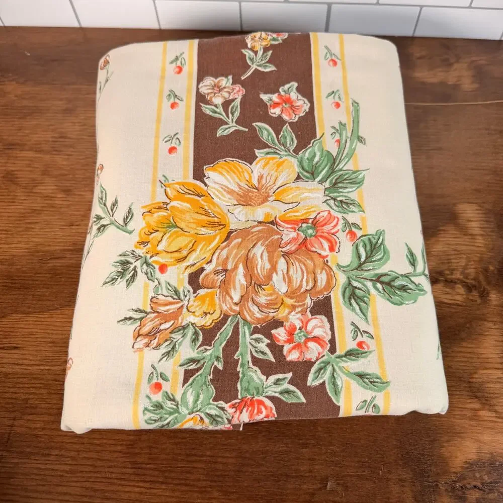 Vintage 1978 JP Stevens Floral Full Flat Sheet Brown Orange Yellow Retro Bedding